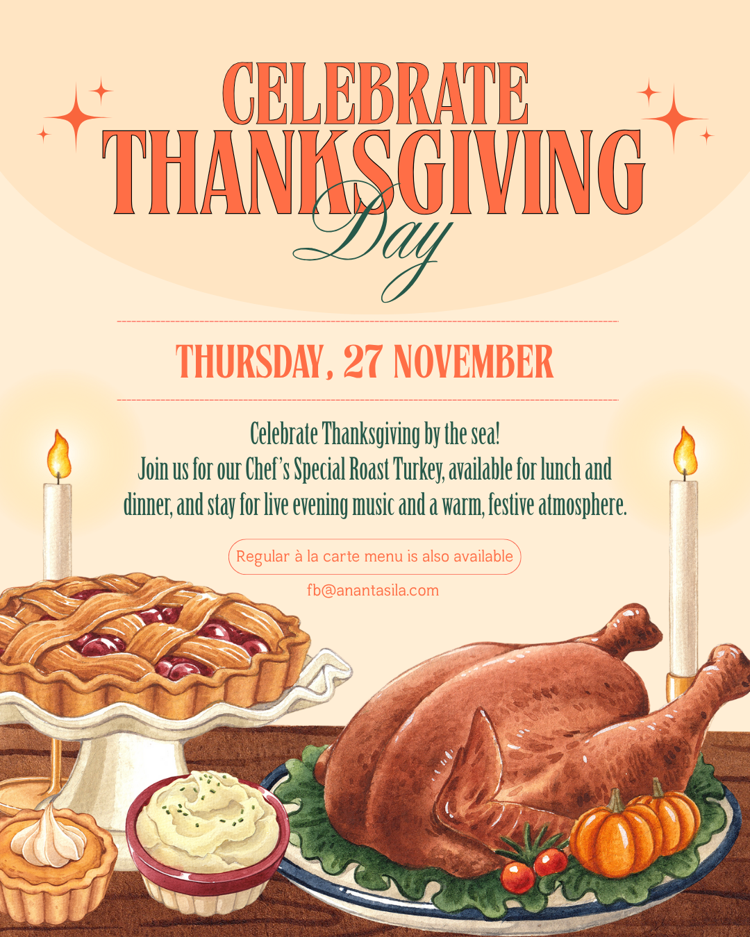 THANKSGIVING,restaurant huahin,seafood huahin,special rate huahin,restaurant khaotakiab,restaurant beach,Huahin Beachfront Hotel and Resort,In the seaside resort of Hua Hin,americanfood huahin,ร้านอาหารริมทะเลหัวหิน,ร้านอาหาร5ดาวติดชายทะเล,ร้านอาหารพร้อมที่พัก,thebeachatanantasila